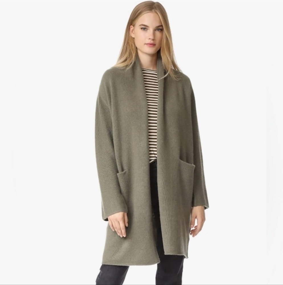 Vince 100% Cashmere Long Oversized Cardigan Sweater Green Open Front Size XS
